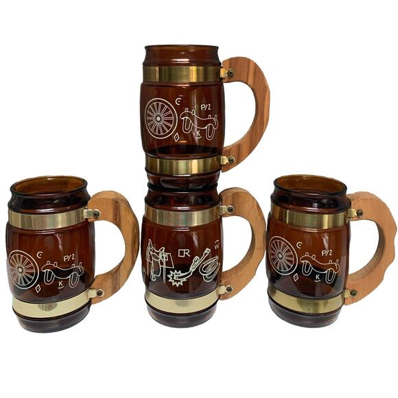 Vintage Set of 4 Siesta Ware Amber Glass Mugs Wood Handle Cowboy Barrel 12oz - Picture 1 of 5